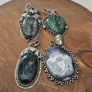 Elegant Silver and Green Stone Pendant Set
